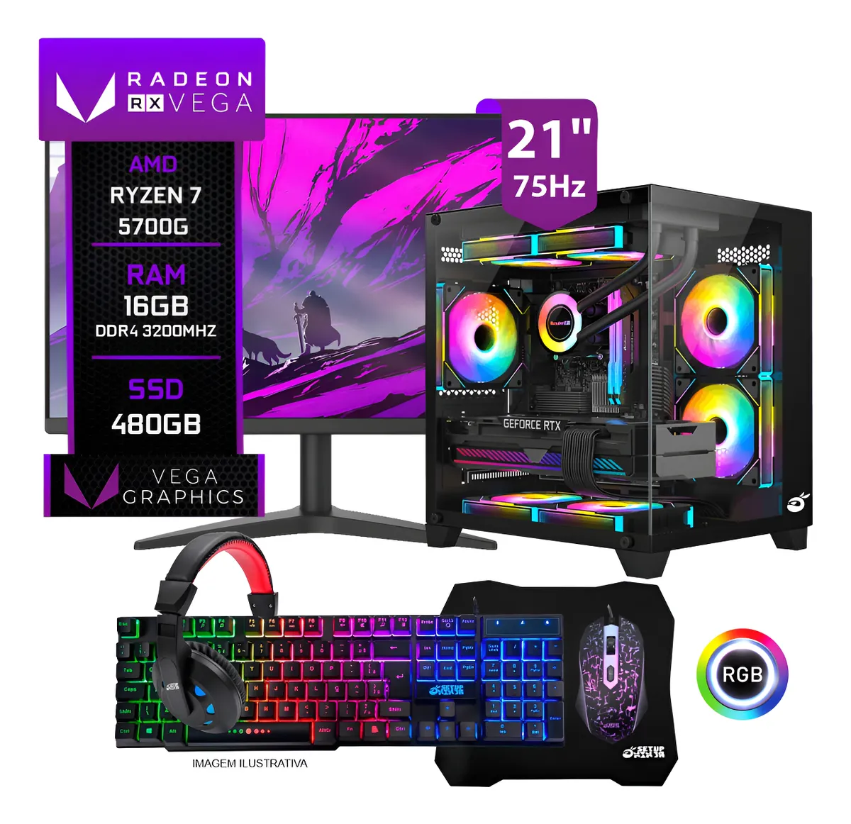 Pc Gamer Completo Ryzen 7 5700g, 16gb Ddr4, Ssd 480gb - 480 Gb - 16 Gb - Amd Radeon Vega 8