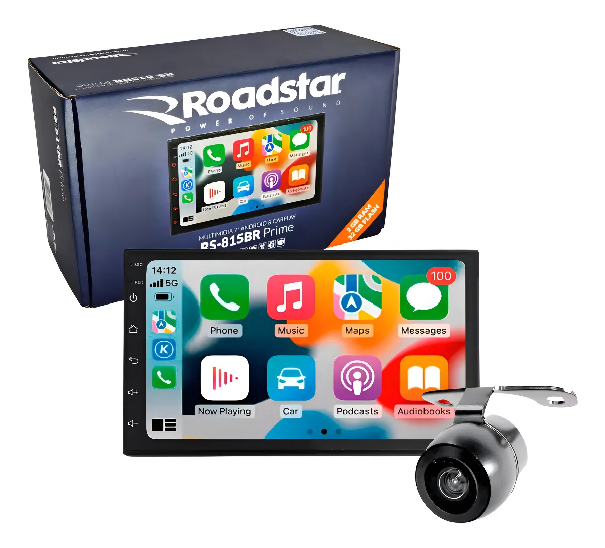 Central Universal 7 Carplay Rs815br + Camera De Ré Rs-203br Cor Preto