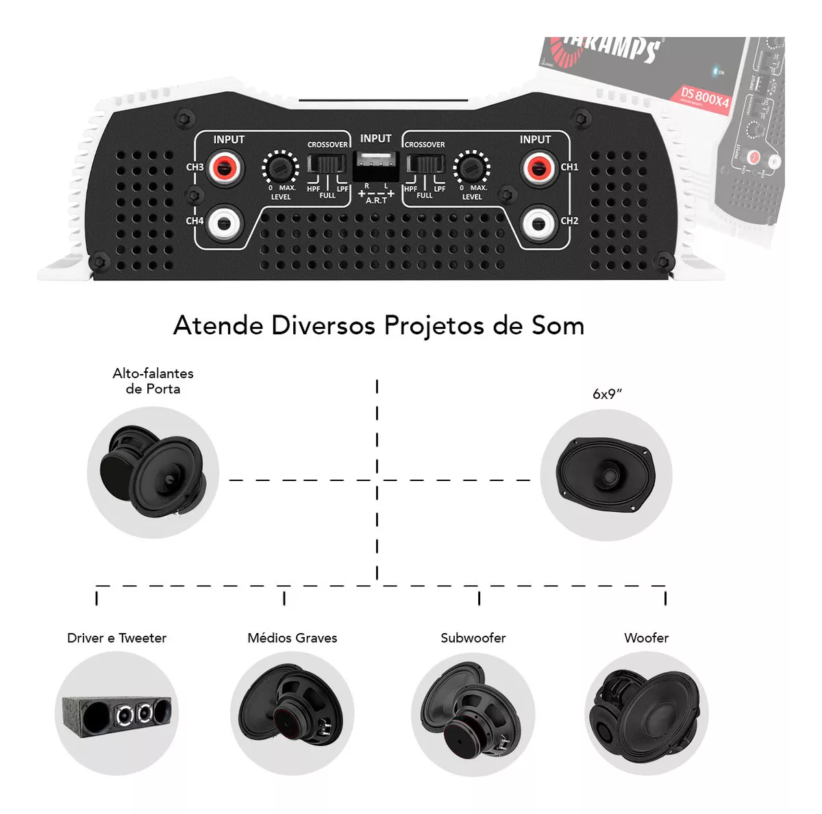Modulo Amplificador Taramps DS 800x4 2 Ohms Classe D 4 Canais 800w rms Potencia Som Automotivo 2x400w rms 4 Ohms Bridge Entrada RCA FIO Hpf Lpf Full Range Carro Camionete Picapes SUV Caixa Bob - Imagem 7