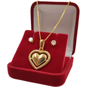 Colar Cordão Feminino Banhado a Ouro 18K + Brincos e Pingente Coração